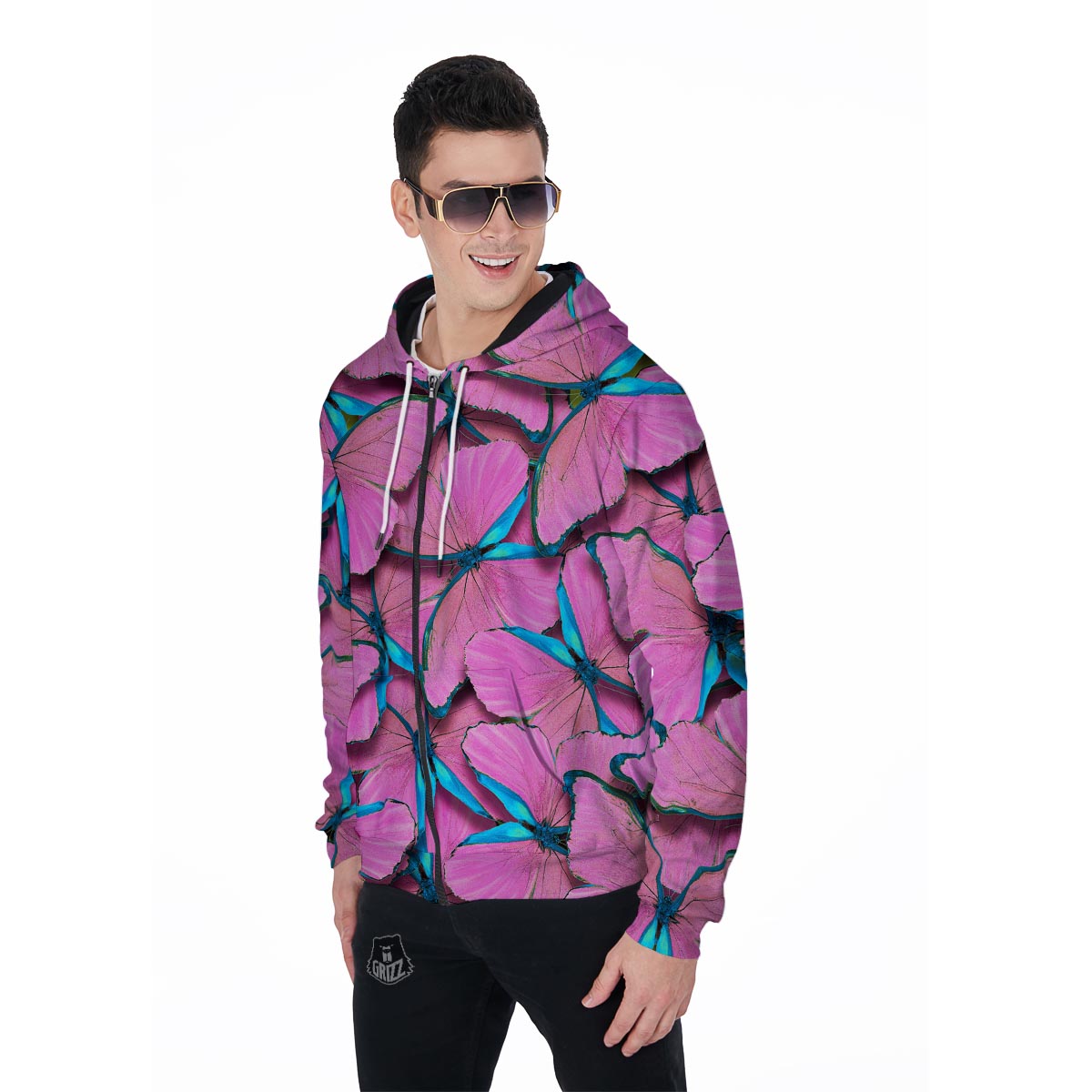 Pink And Blue Butterfly Print Men's Zip Up Hoodie-grizzshop
