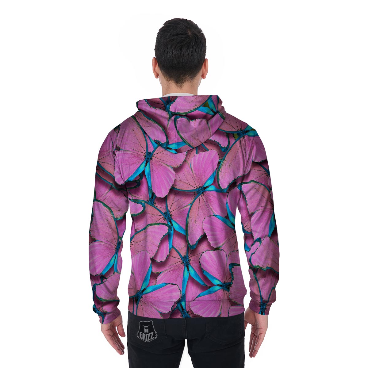 Pink And Blue Butterfly Print Men's Zip Up Hoodie-grizzshop