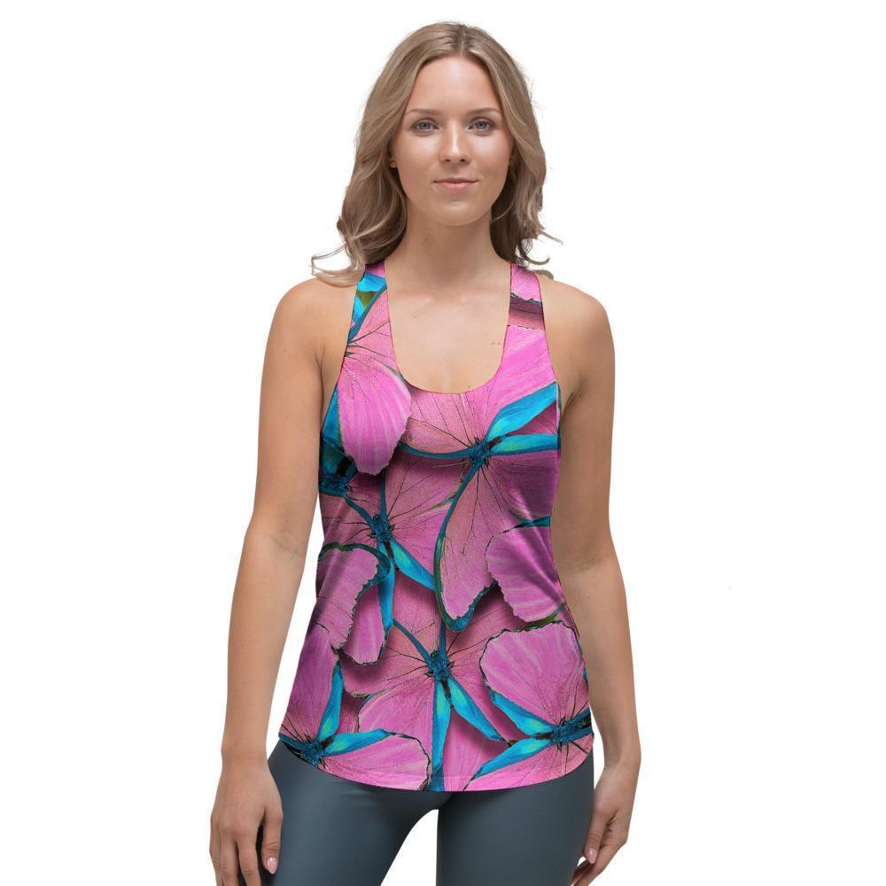 Pink And Blue Butterfly Print Women's Racerback Tank Top-grizzshop