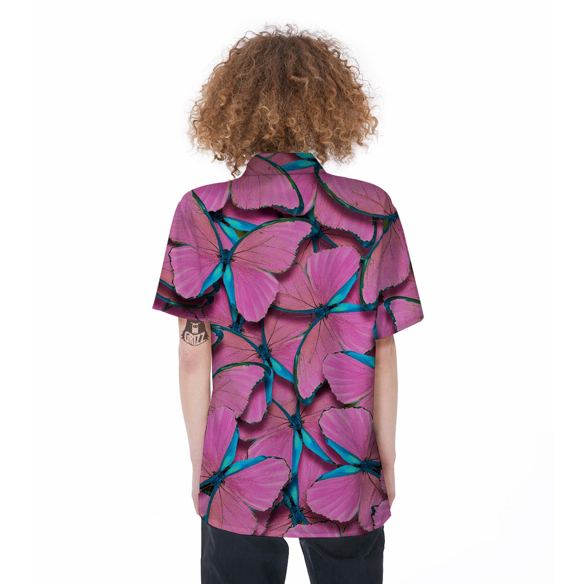 Pink And Blue Butterfly Print Women's Short Sleeve Shirts-grizzshop