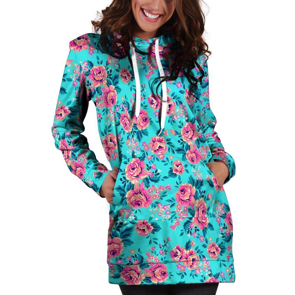 Pink And Blue Rose Floral Hoodie Dress-grizzshop