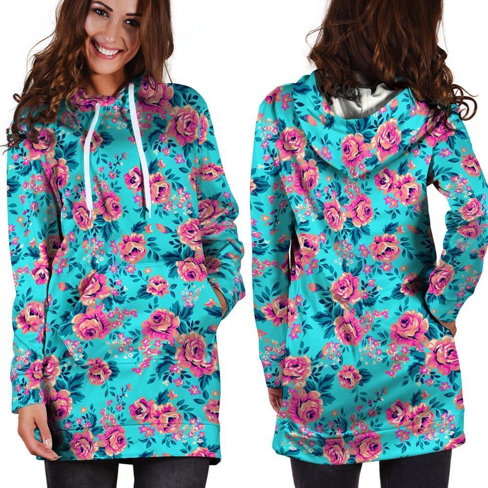 Pink And Blue Rose Floral Hoodie Dress-grizzshop