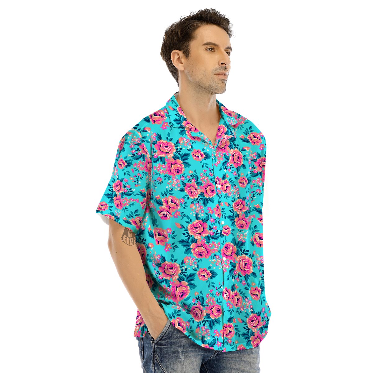Pink And Blue Rose Floral Men’s Hawaiian Shirt-grizzshop