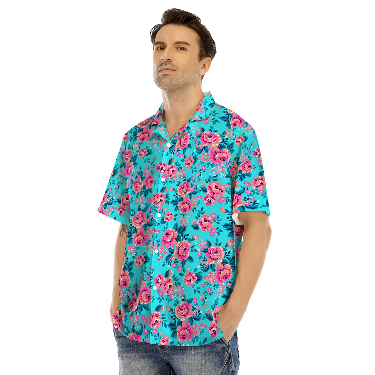 Pink And Blue Rose Floral Men’s Hawaiian Shirt-grizzshop