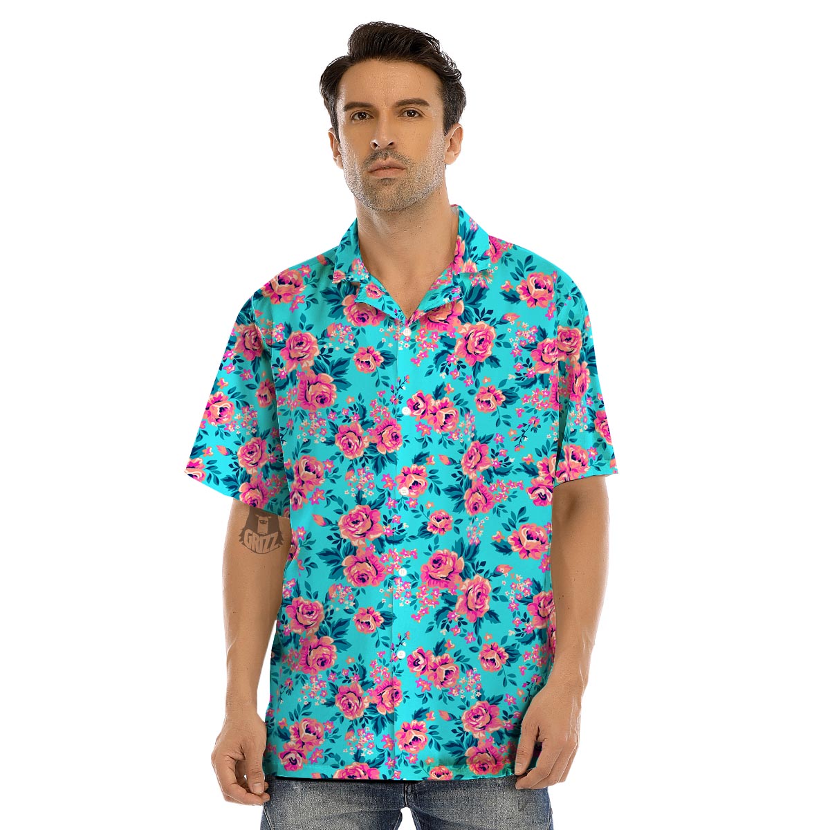 Pink And Blue Rose Floral Men’s Hawaiian Shirt-grizzshop