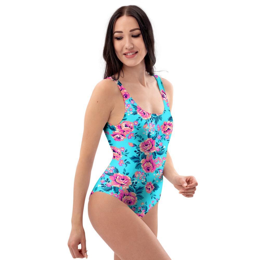 Pink And Blue Rose Floral One Piece Swimsuite-grizzshop