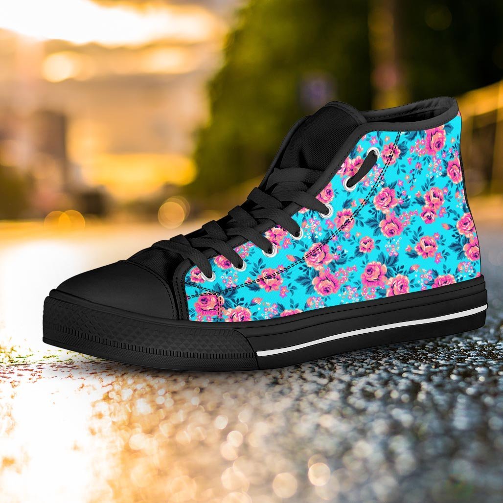 Pink And Blue Rose Floral Women's High Top Shoes-grizzshop
