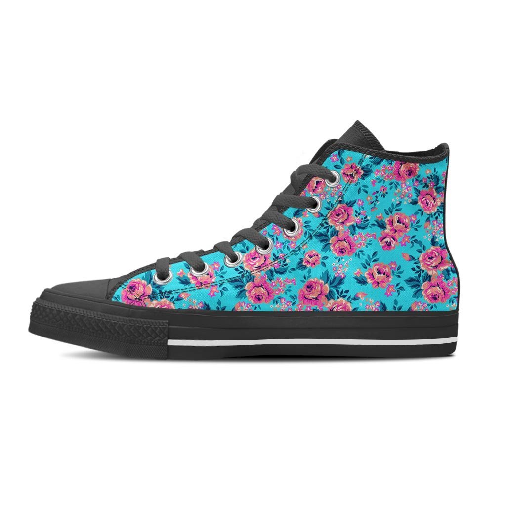 Pink And Blue Rose Floral Women's High Top Shoes-grizzshop