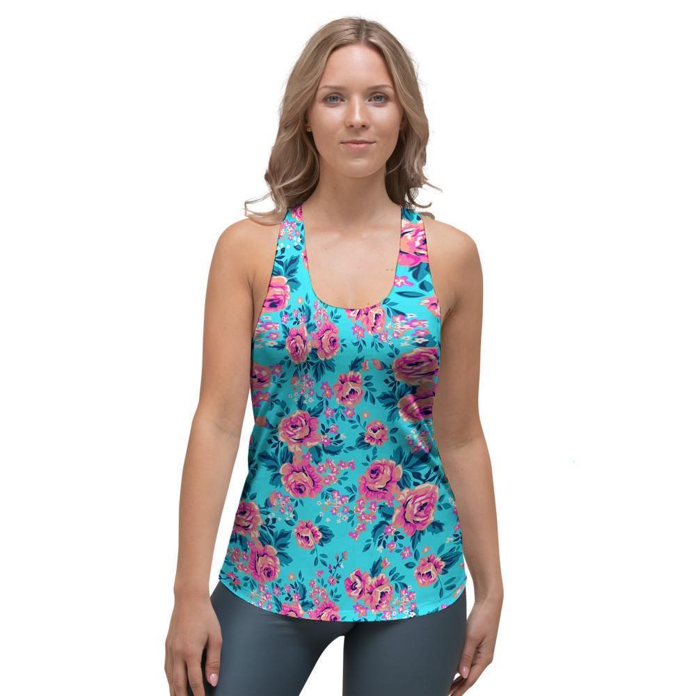 Pink And Blue Rose Floral Women's Racerback Tank Top-grizzshop