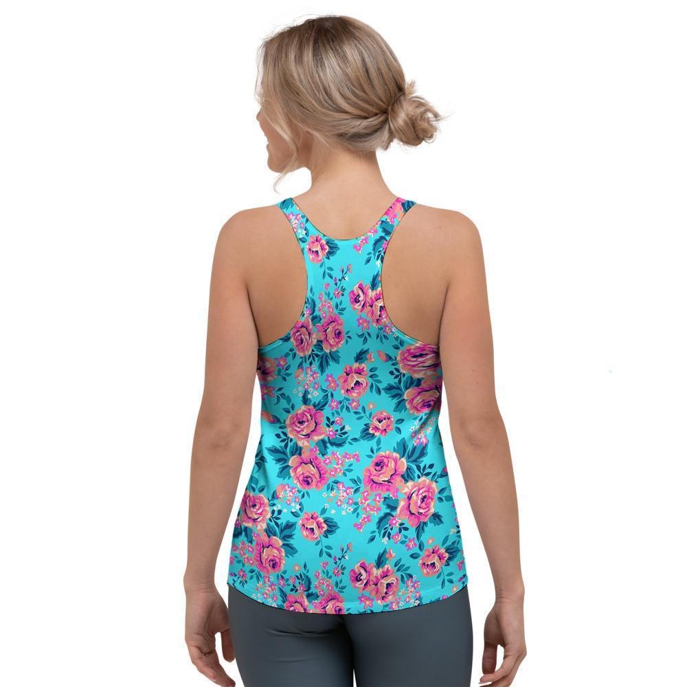 Pink And Blue Rose Floral Women's Racerback Tank Top-grizzshop
