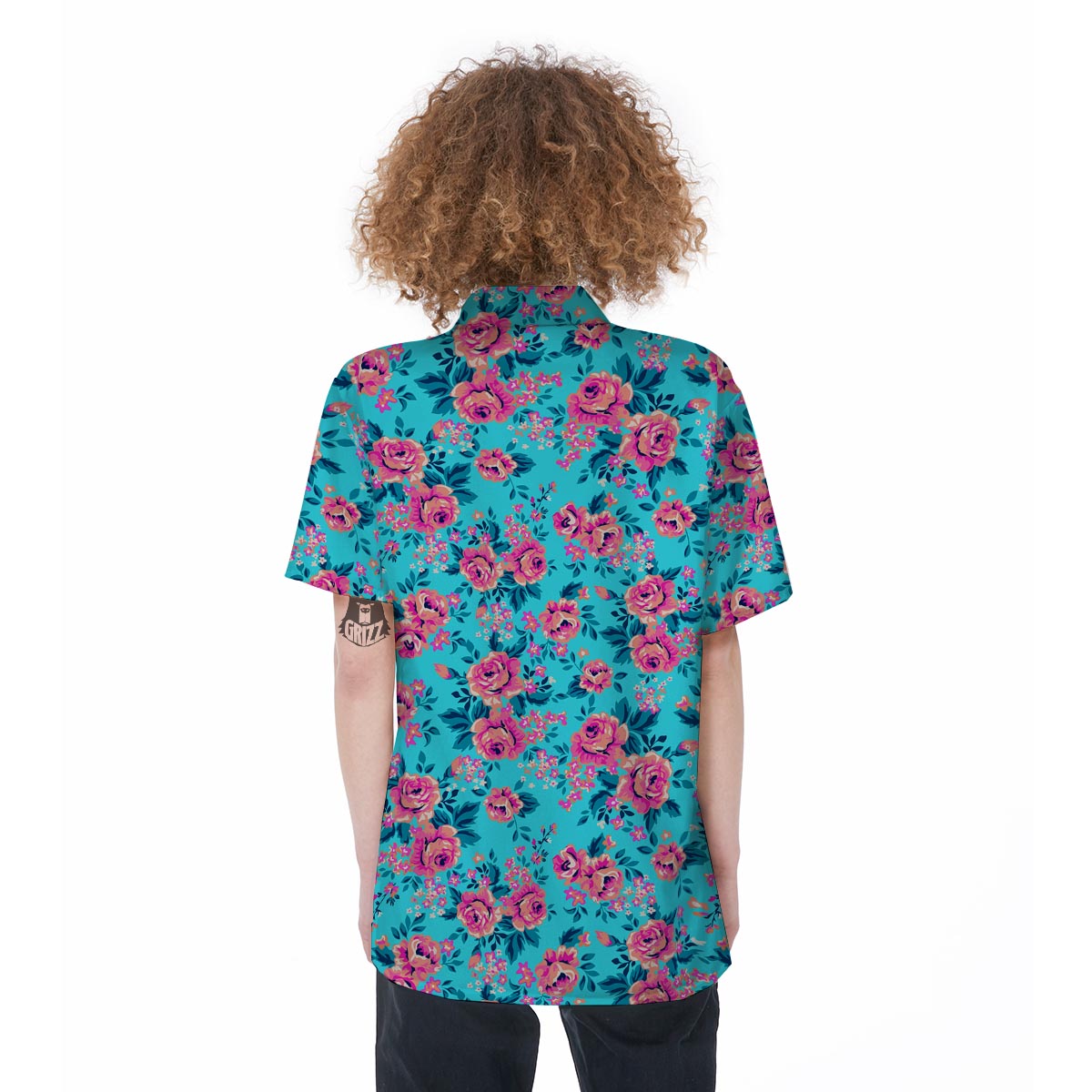 Pink And Blue Rose Floral Women's Short Sleeve Shirts-grizzshop