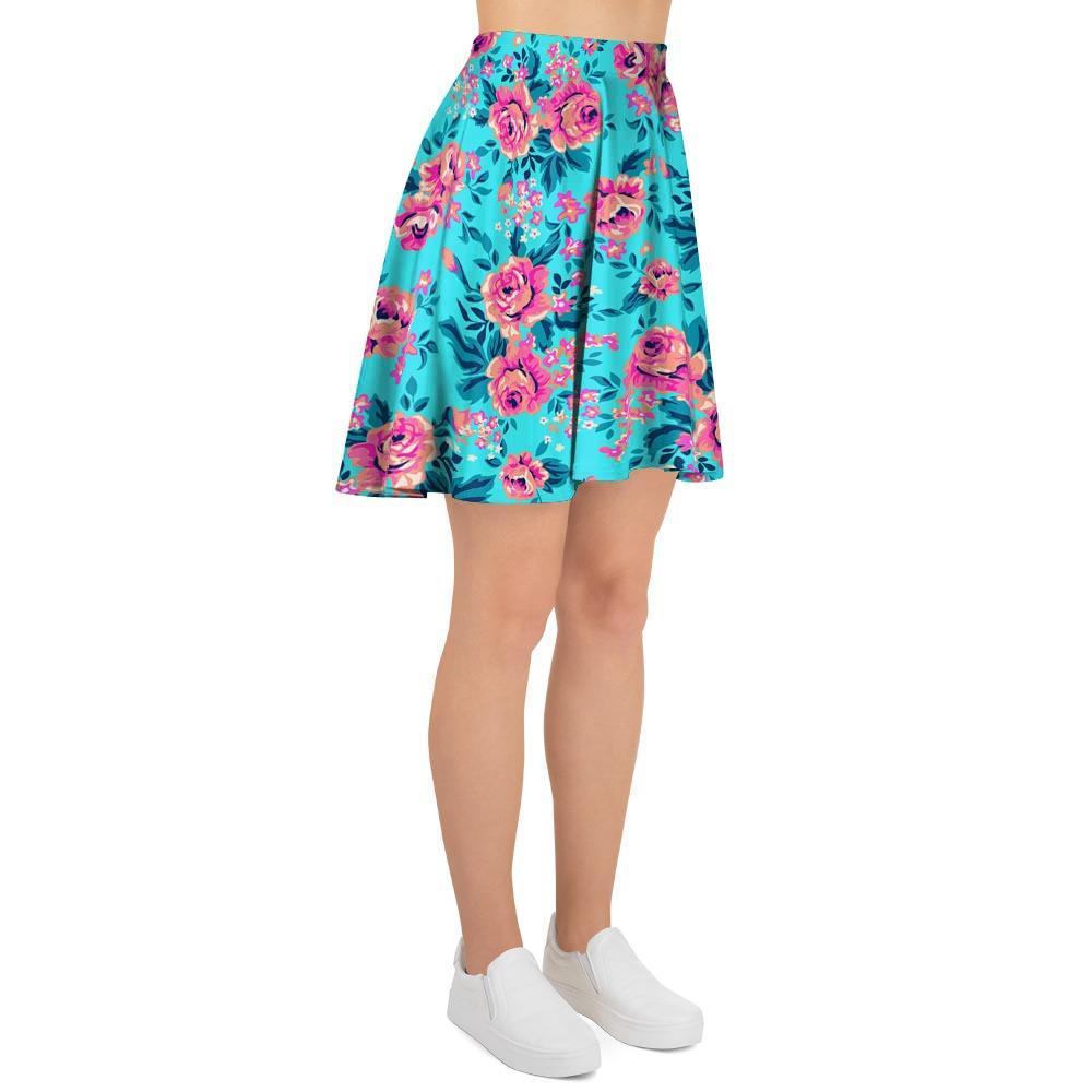 Pink And Blue Rose Floral Women's Skirt-grizzshop