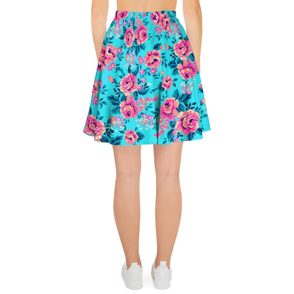 Pink And Blue Rose Floral Women's Skirt-grizzshop