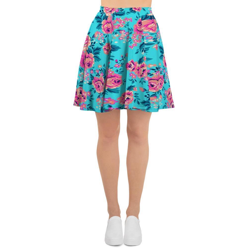 Pink And Blue Rose Floral Women's Skirt-grizzshop