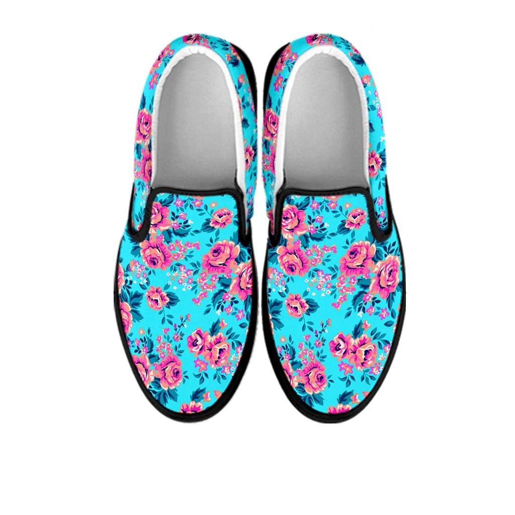 Pink And Blue Rose Floral Women's Slip On Sneakers-grizzshop