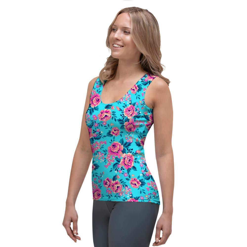 Pink And Blue Rose Floral Women's Tank Top-grizzshop