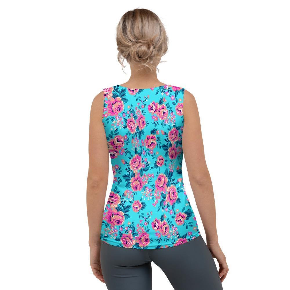 Pink And Blue Rose Floral Women's Tank Top-grizzshop
