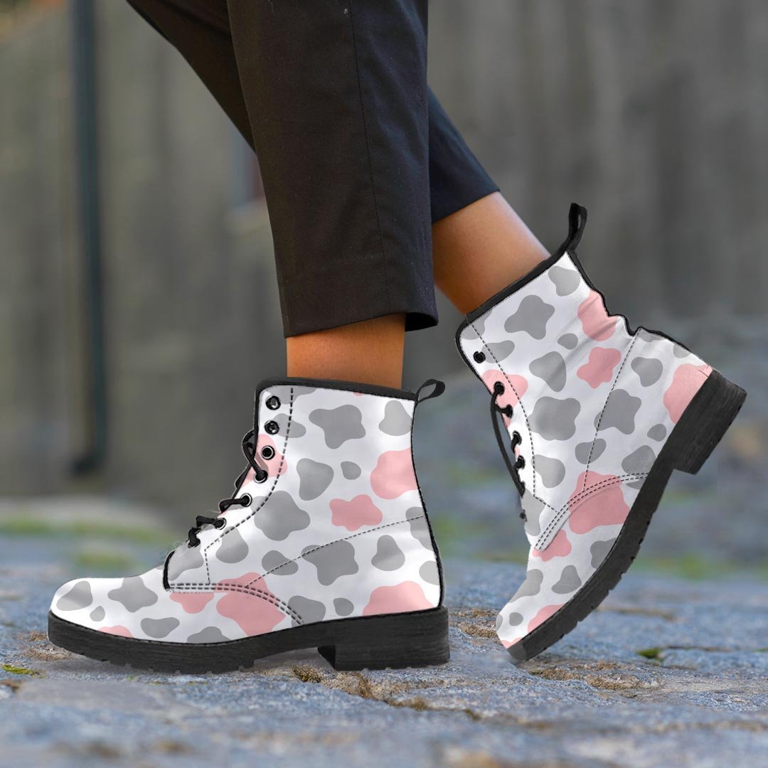 Pink And Grey Cow Print Men's Boots-grizzshop