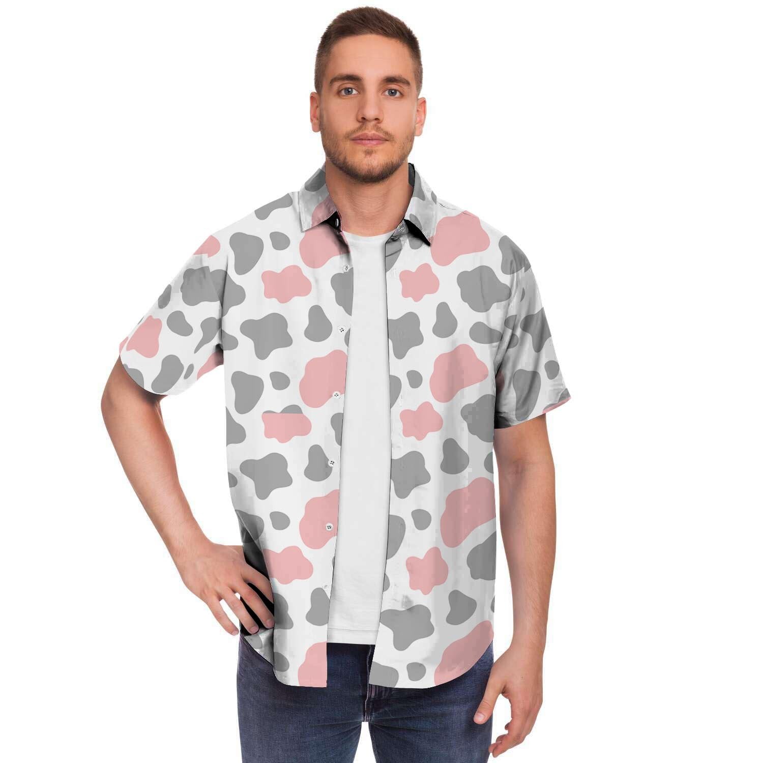 Pink And Grey Cow Print Men's Short Sleeve Shirt-grizzshop