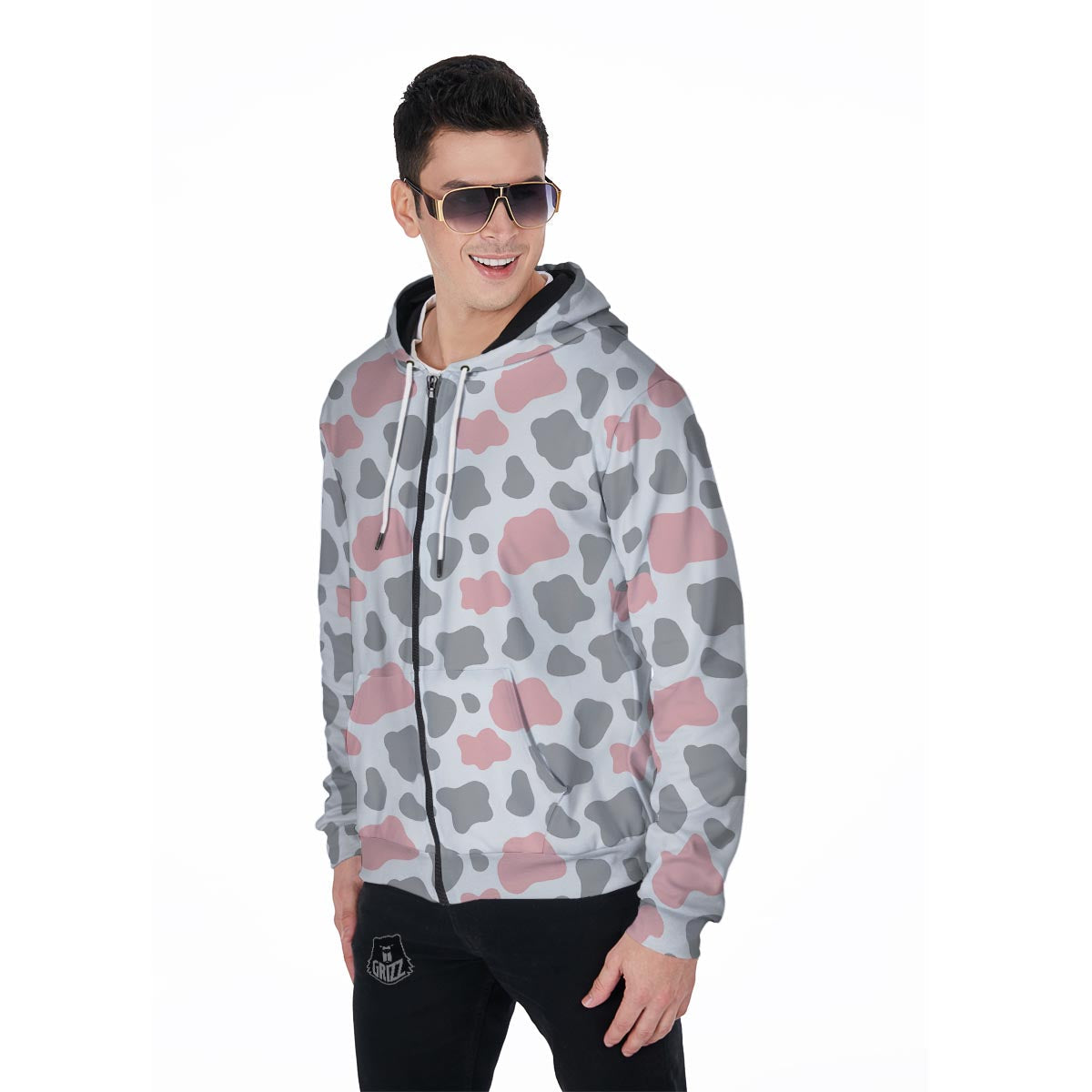 Pink And Grey Cow Print Men's Zip Up Hoodie-grizzshop