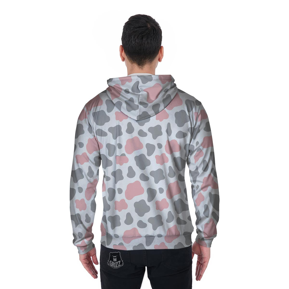 Pink And Grey Cow Print Men's Zip Up Hoodie-grizzshop