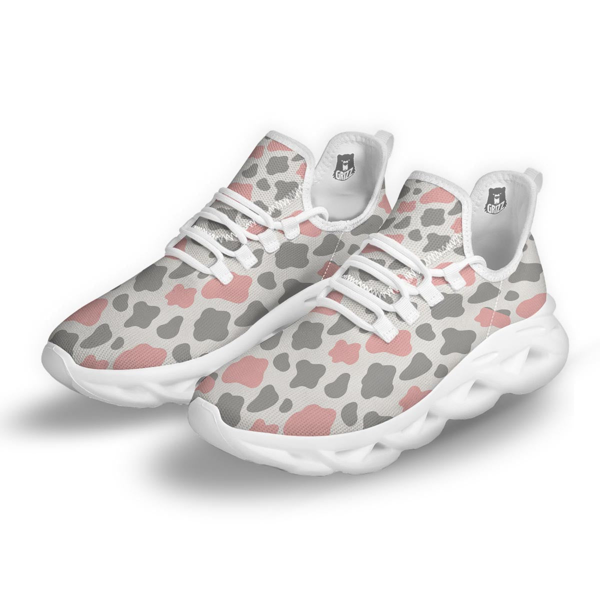 Pink And Grey Cow Print White Running Shoes-grizzshop