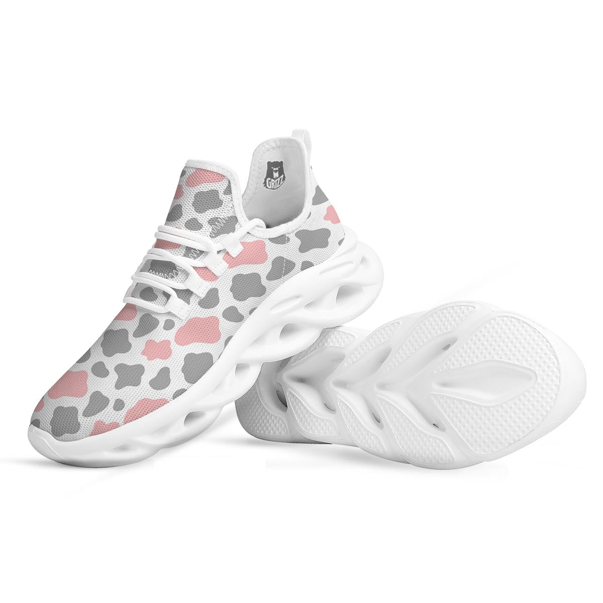 Pink And Grey Cow Print White Running Shoes-grizzshop