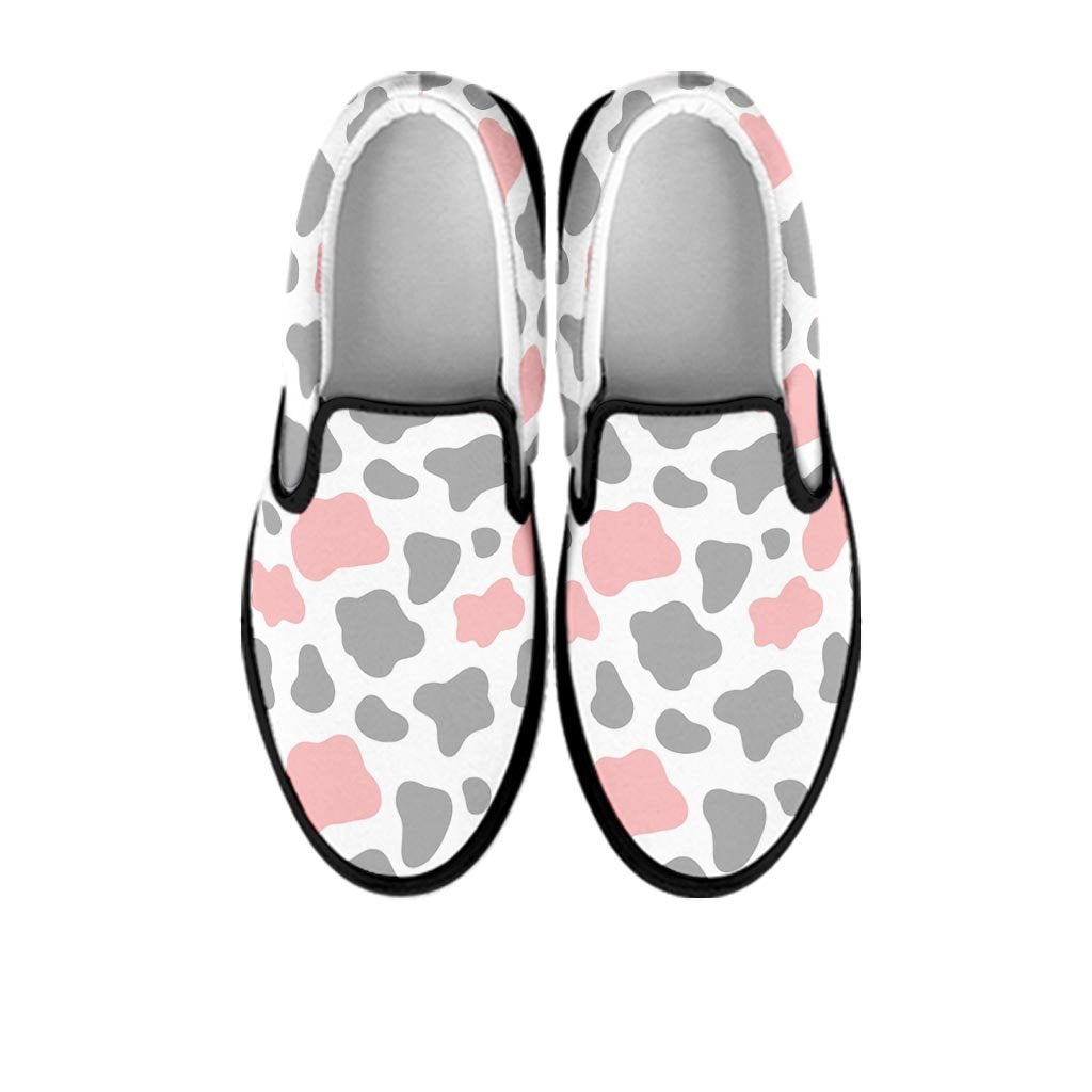 Pink And Grey Cow Print Women's Slip On Sneakers-grizzshop