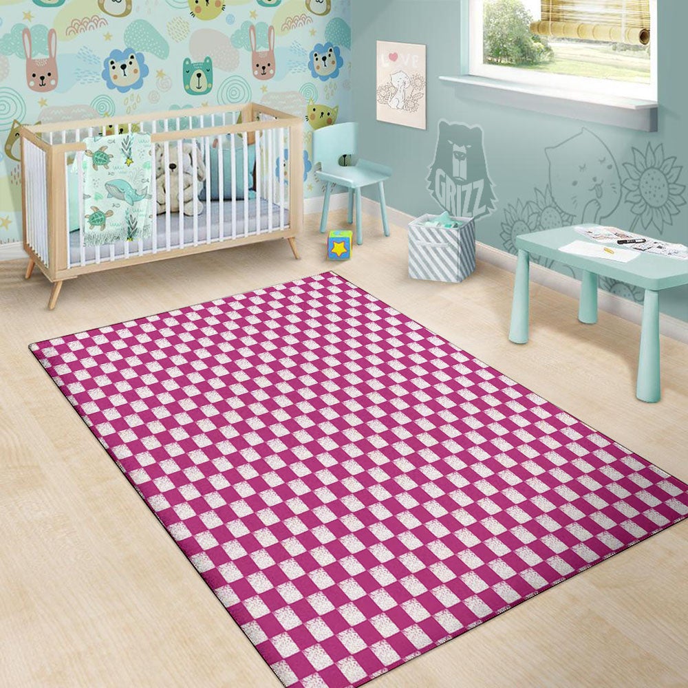Pink And White Checkered Print Pattern Floor Mat-grizzshop