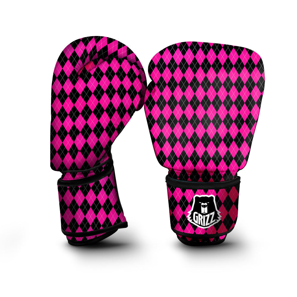 Pink Argyle Deep And Black Print Pattern Boxing Gloves-grizzshop