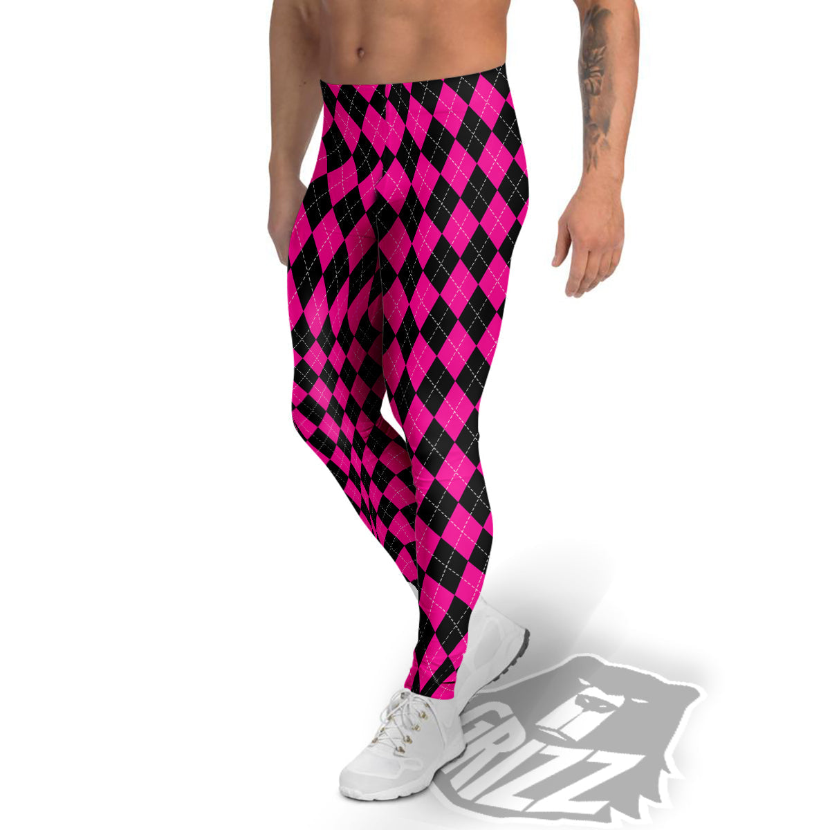 Pink Argyle Deep And Black Print Pattern Men's Leggings-grizzshop