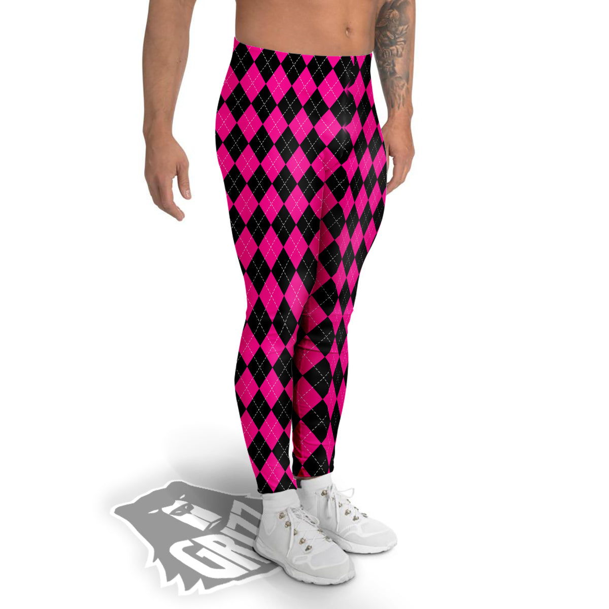Pink Argyle Deep And Black Print Pattern Men's Leggings-grizzshop