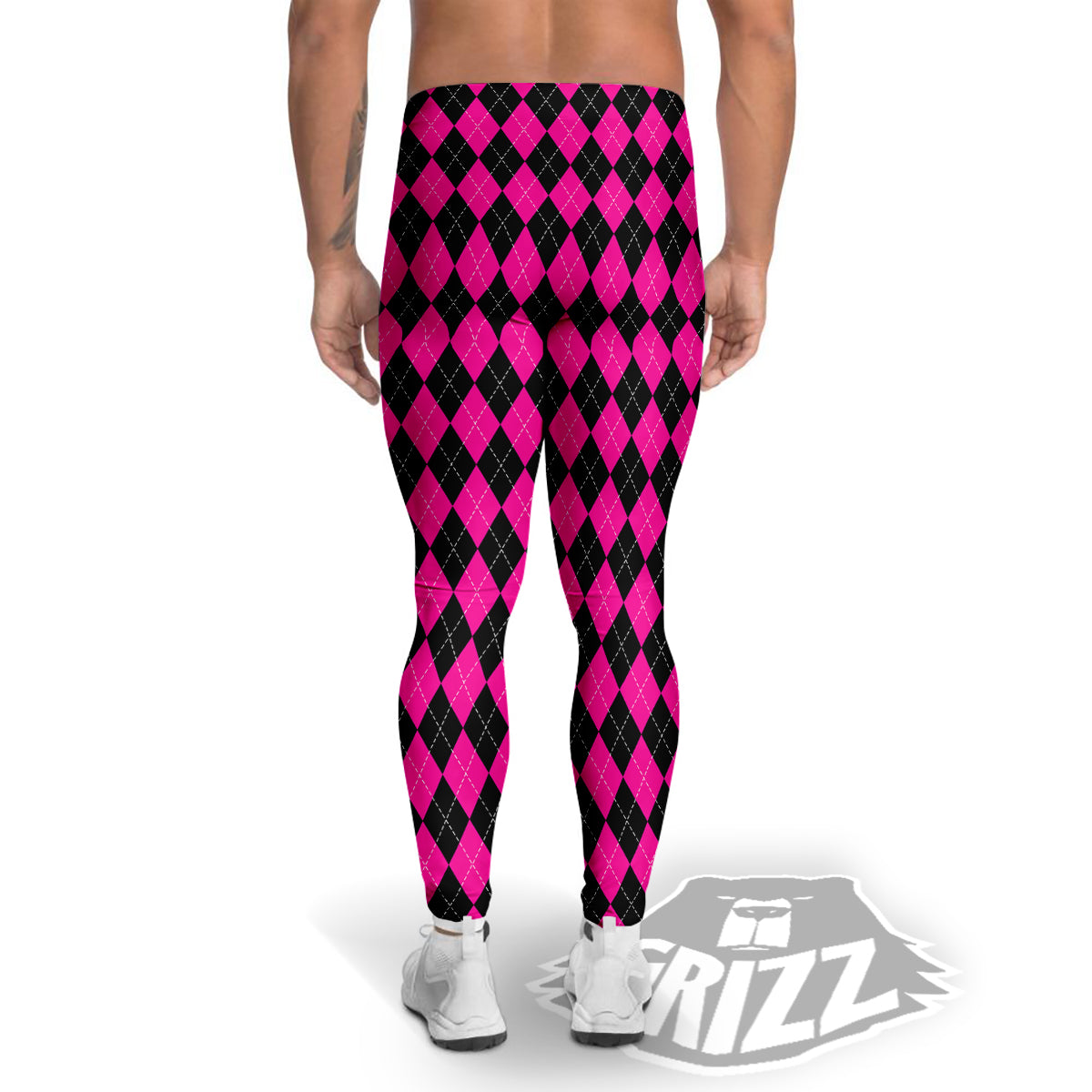 Pink Argyle Deep And Black Print Pattern Men's Leggings-grizzshop
