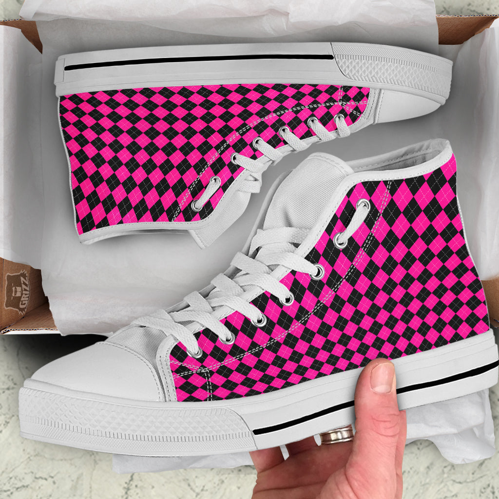 Pink Argyle Deep And Black Print Pattern White High Top Shoes-grizzshop