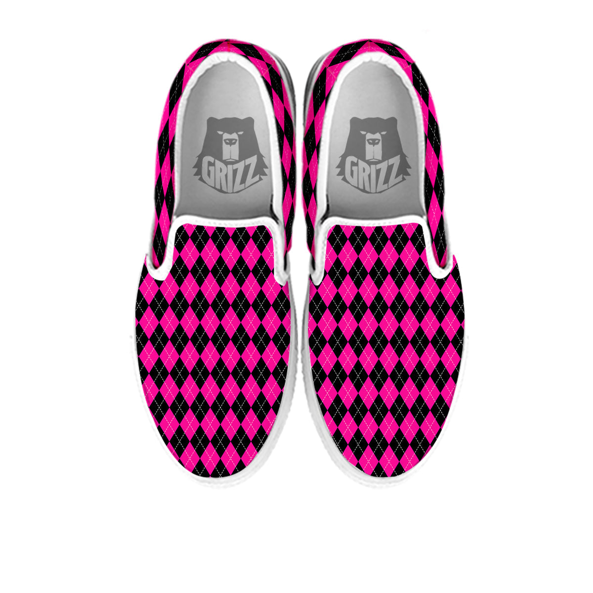 Pink Argyle Deep And Black Print Pattern White Slip On Shoes-grizzshop