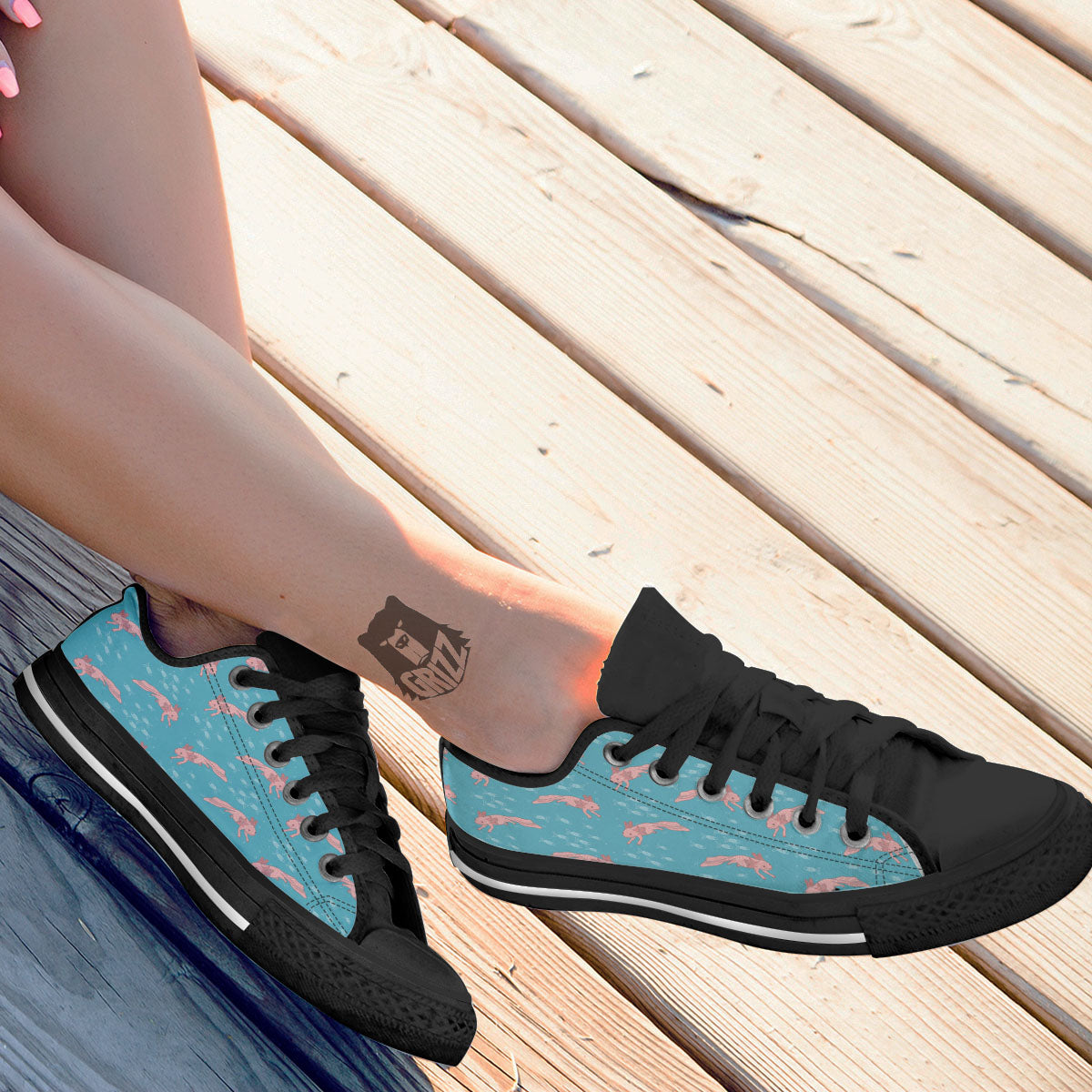 Pink Axolotl Teal Print Pattern Black Low Top Shoes-grizzshop