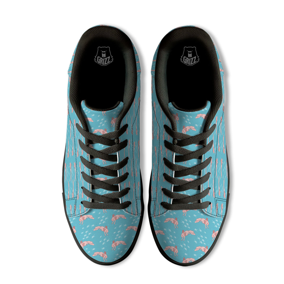 Pink Axolotl Teal Print Pattern Black Low Top Sneakers-grizzshop