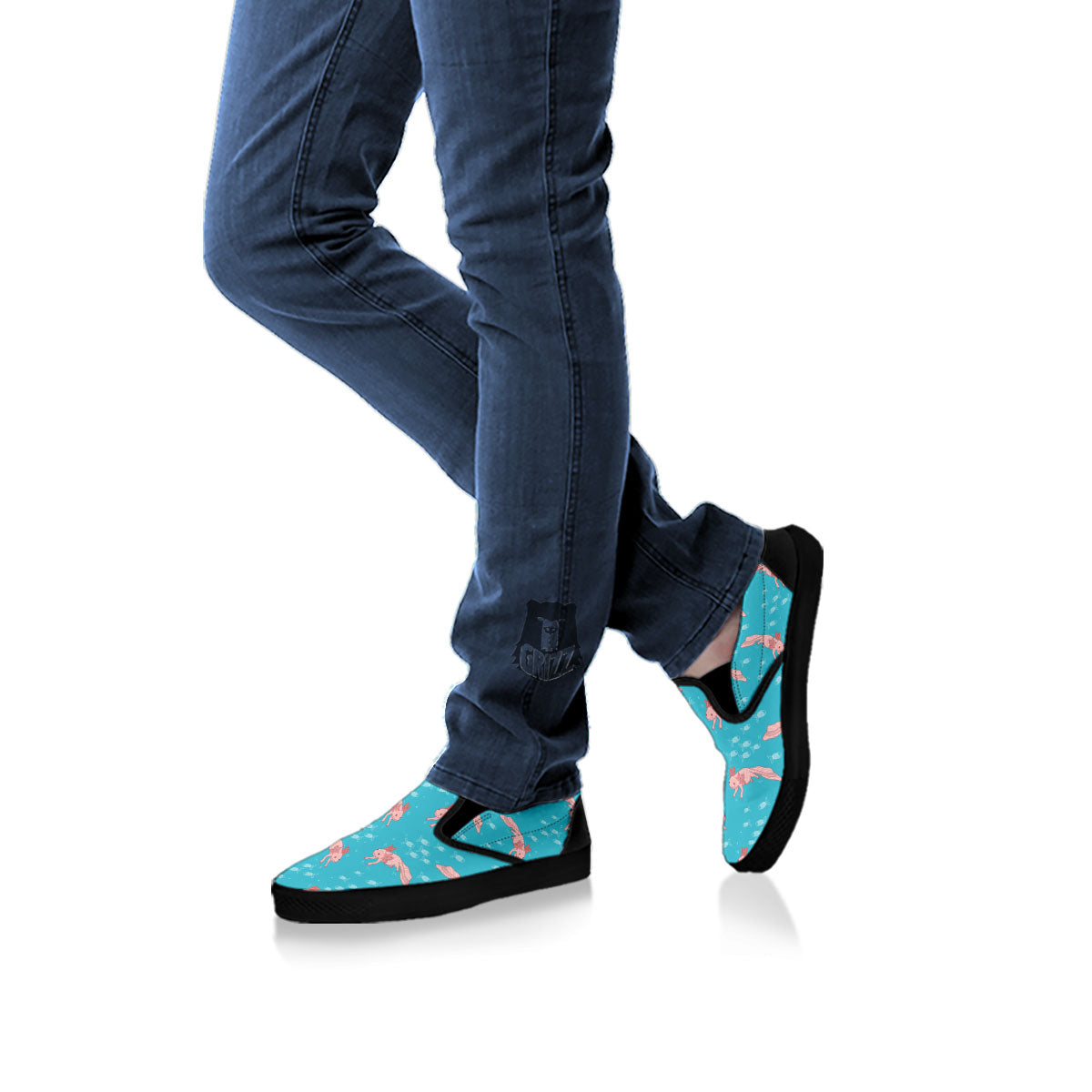 Pink Axolotl Teal Print Pattern Black Slip On Shoes-grizzshop