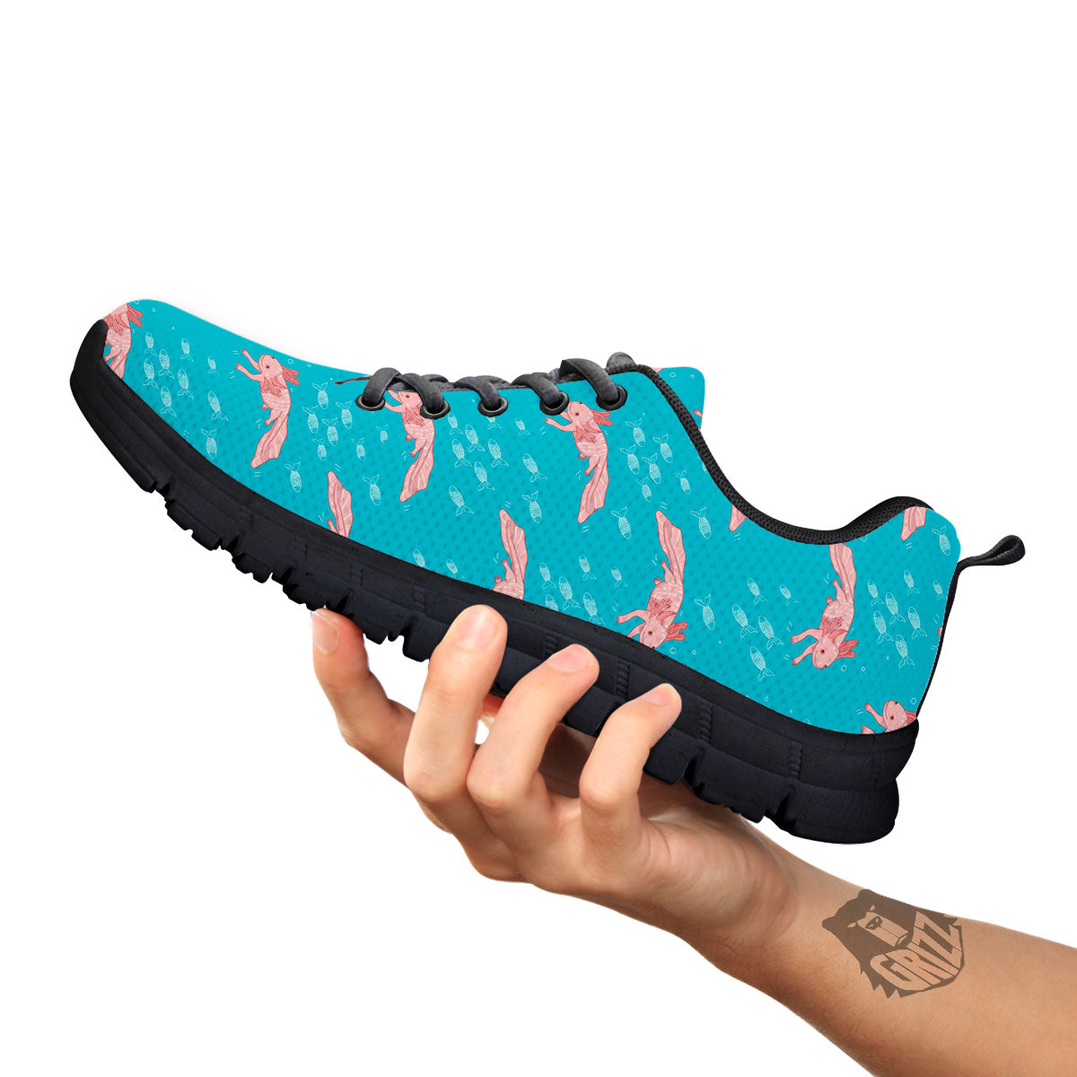 Pink Axolotl Teal Print Pattern Black Sneaker-grizzshop