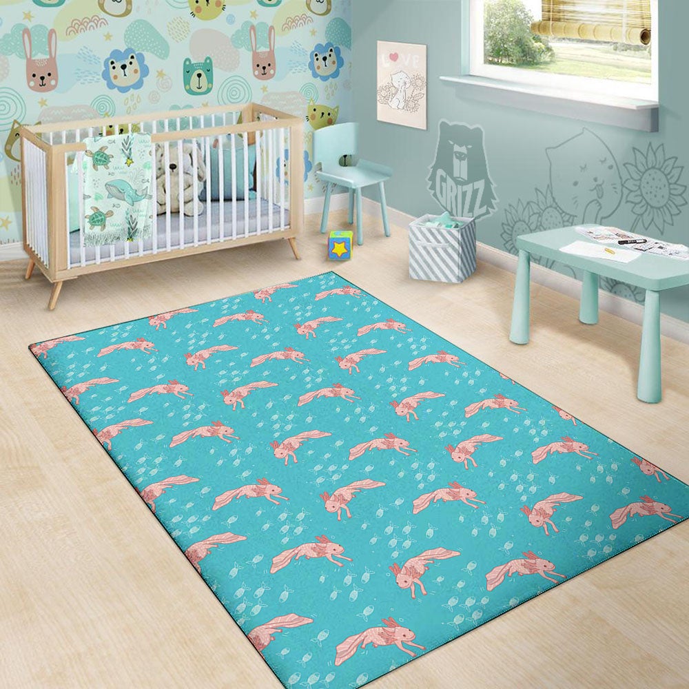 Pink Axolotl Teal Print Pattern Floor Mat-grizzshop