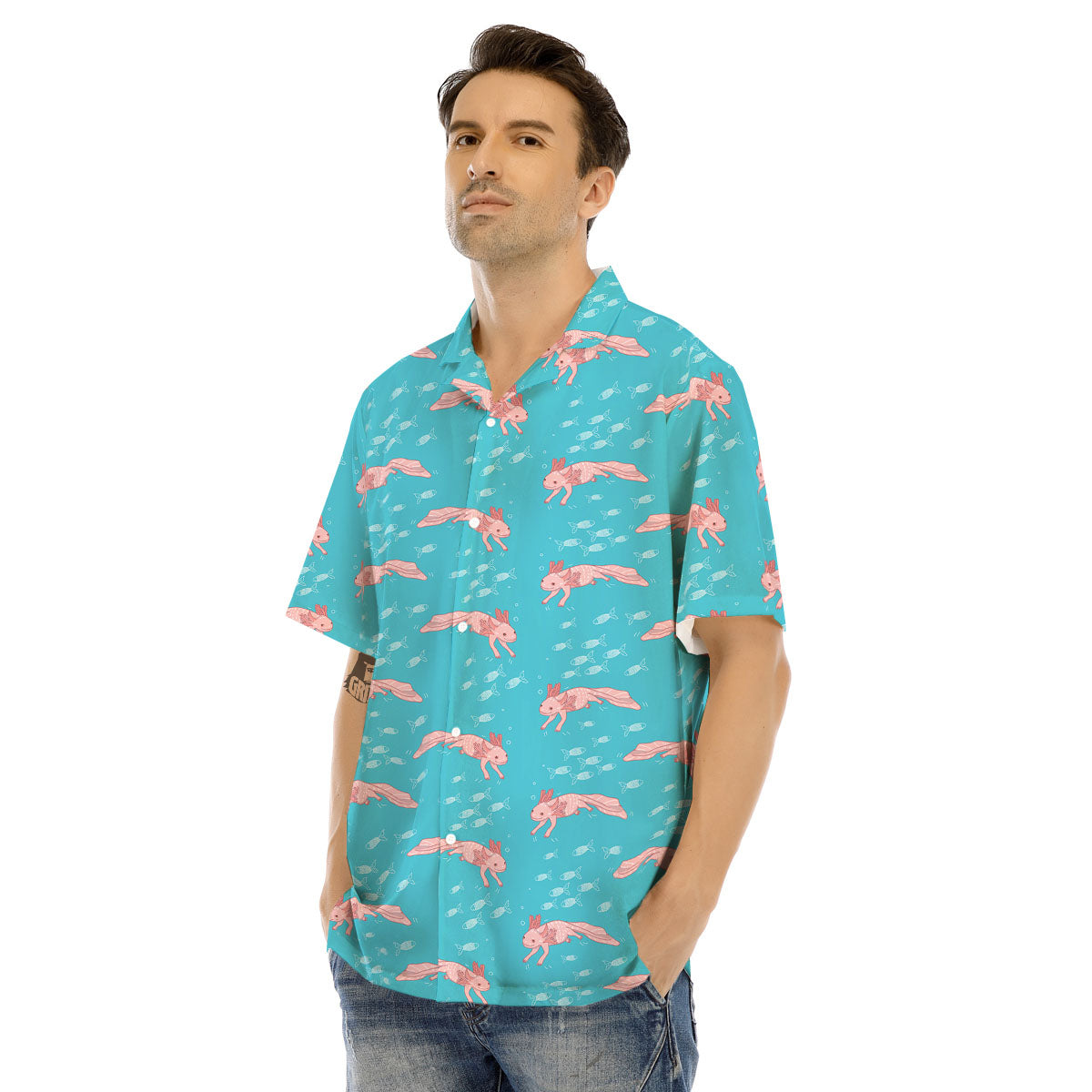 Pink Axolotl Teal Print Pattern Men's Hawaiian Shirt-grizzshop
