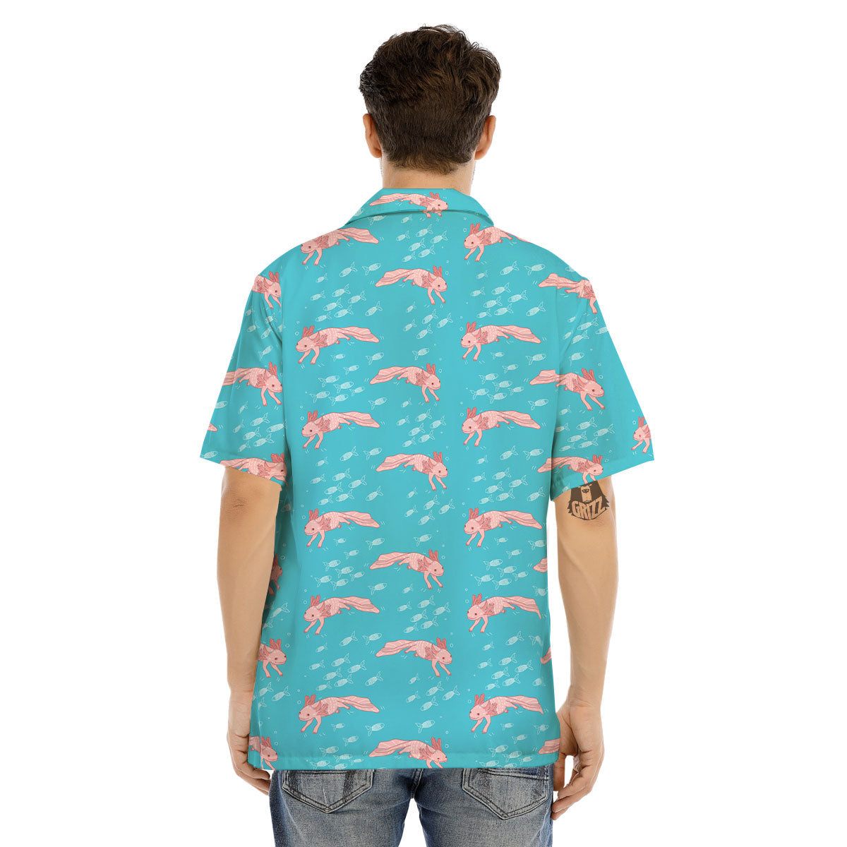Pink Axolotl Teal Print Pattern Men's Hawaiian Shirt-grizzshop