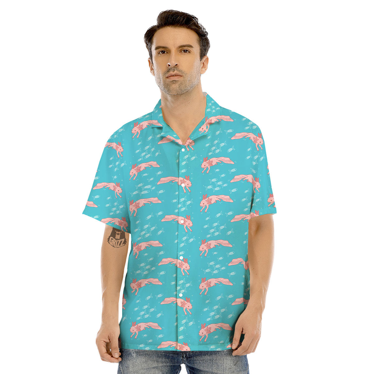 Pink Axolotl Teal Print Pattern Men's Hawaiian Shirt-grizzshop