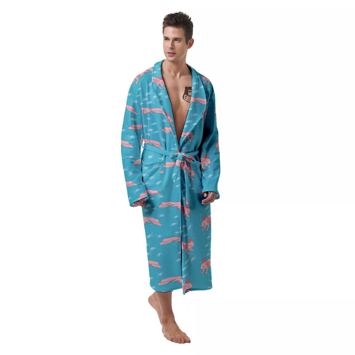 Pink Axolotl Teal Print Pattern Men's Robe-grizzshop