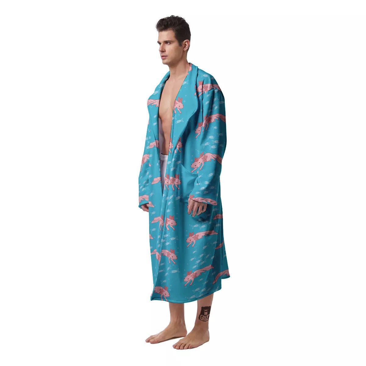 Pink Axolotl Teal Print Pattern Men's Robe-grizzshop