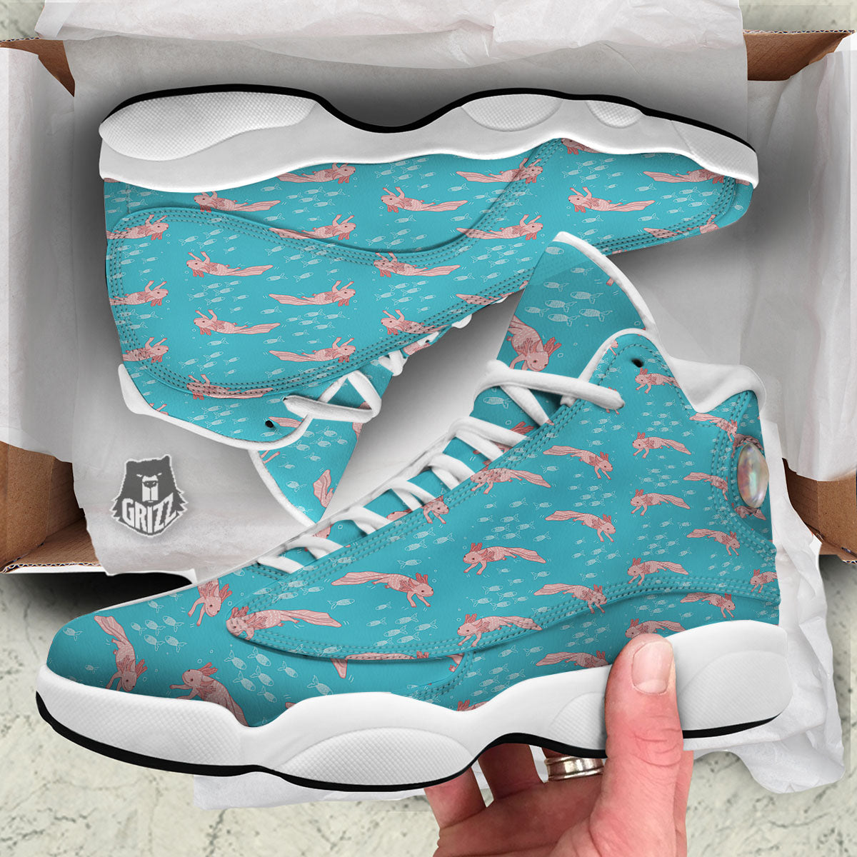 Pink Axolotl Teal Print Pattern White Basketball Shoes-grizzshop
