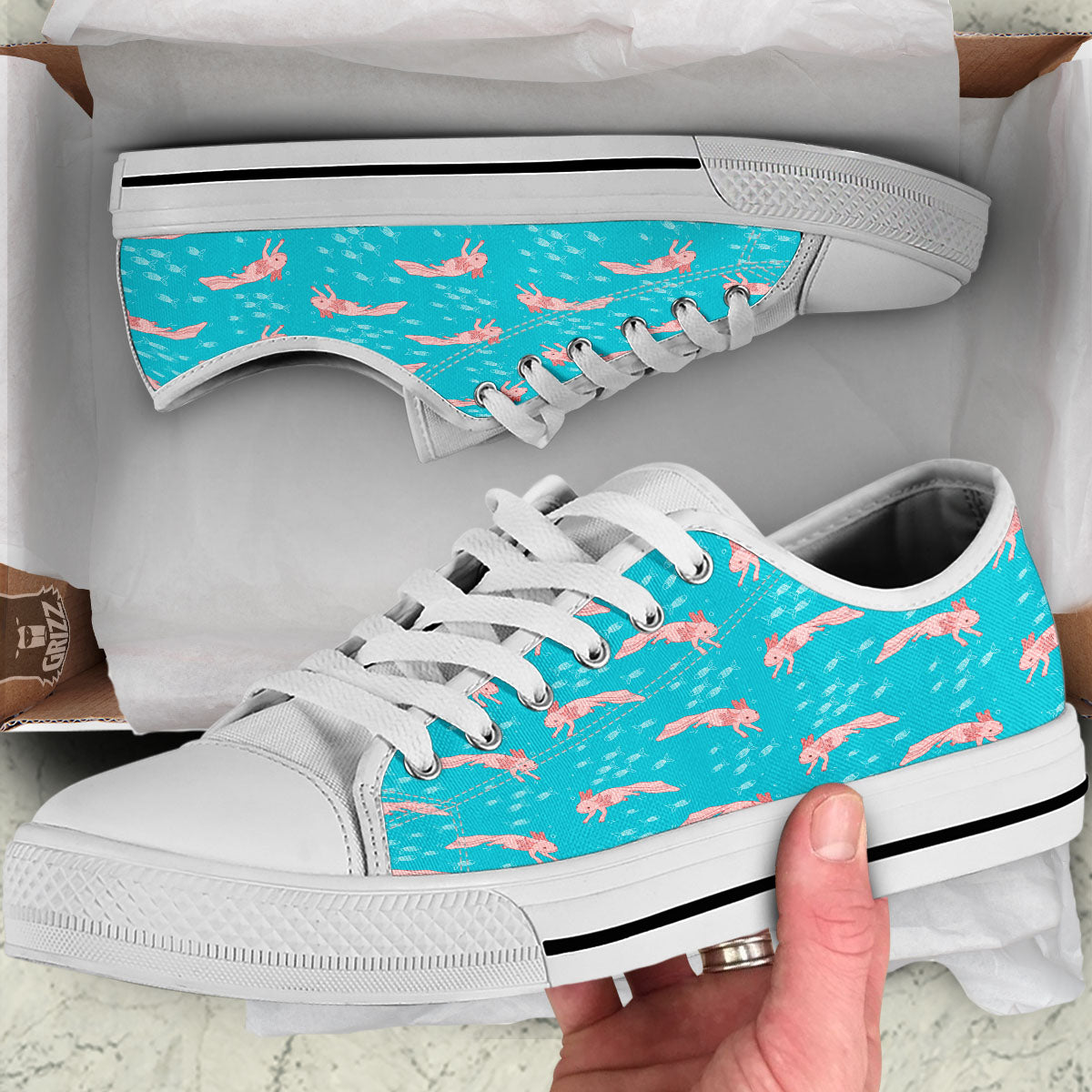 Pink Axolotl Teal Print Pattern White Low Top Shoes-grizzshop