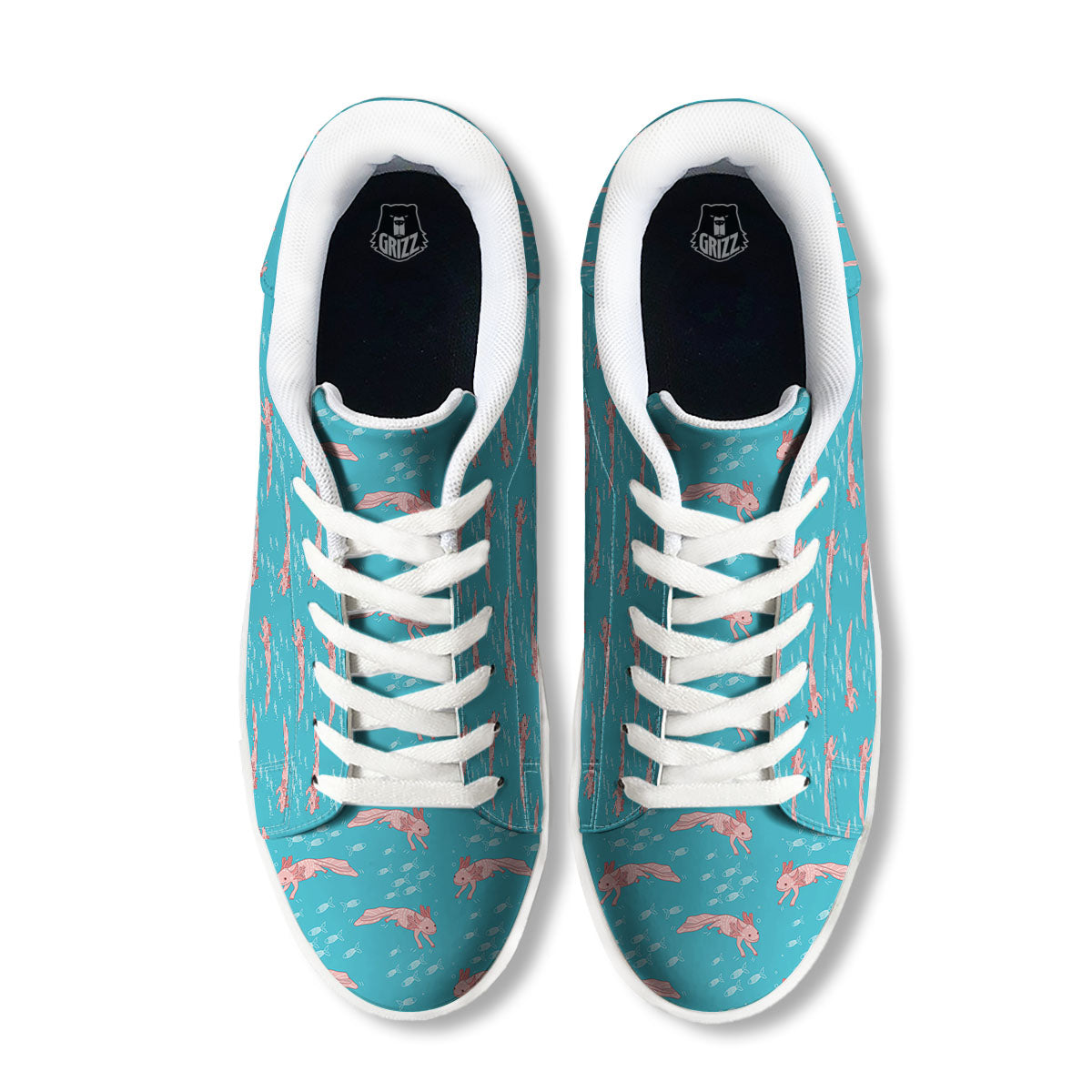Pink Axolotl Teal Print Pattern White Low Top Sneakers-grizzshop