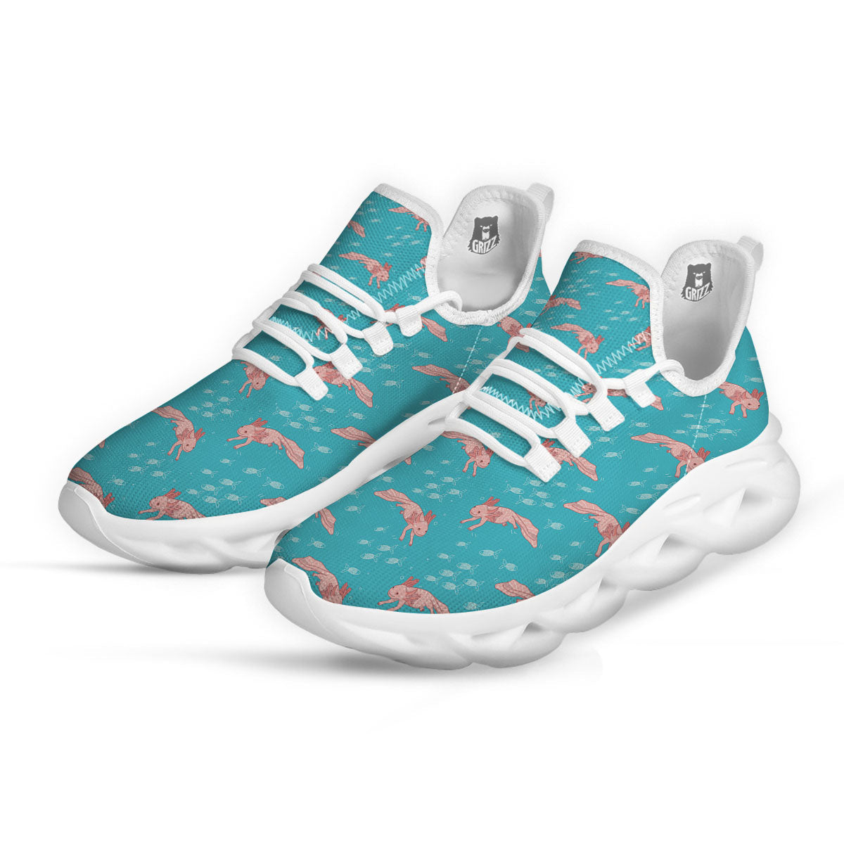 Pink Axolotl Teal Print Pattern White Running Shoes-grizzshop