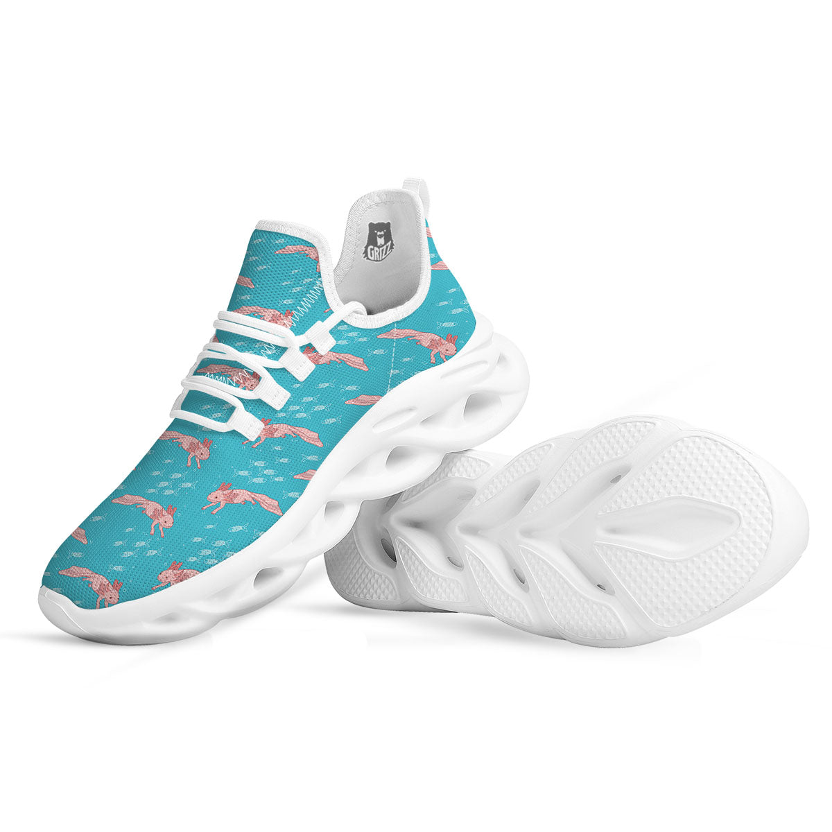 Pink Axolotl Teal Print Pattern White Running Shoes-grizzshop